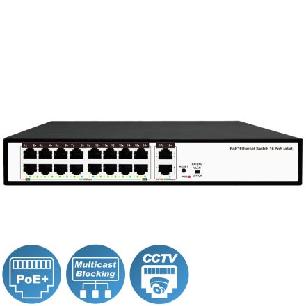 Asztali PoE switch, 16 PoE + 2 Gigabit Uplink